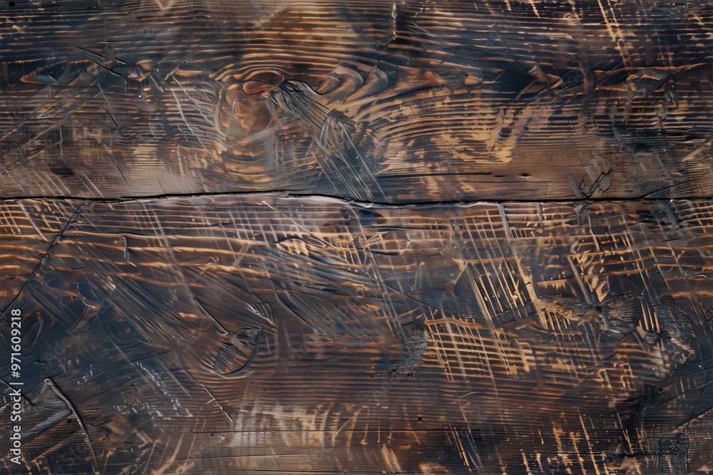 Poster dark, weathered rustic wooden surface with intricate grain patterns and scratches, showcasing a rust