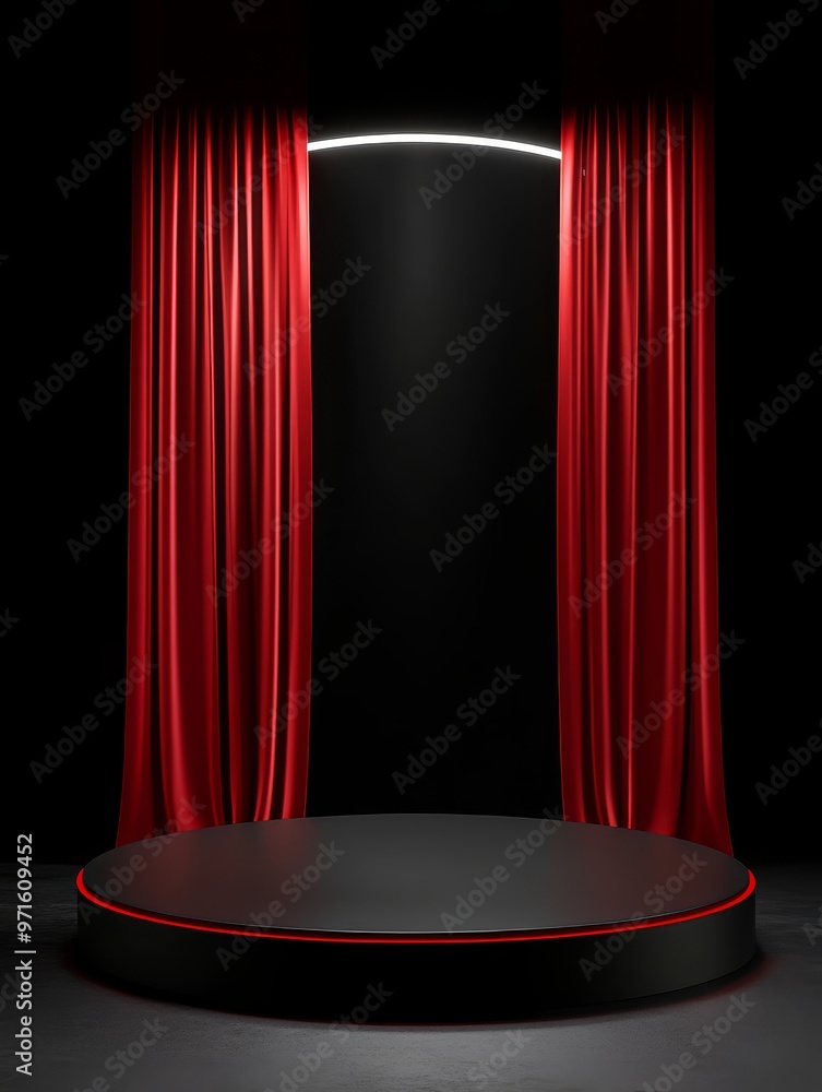 Poster a minimalist stage set with red curtains framing a circular platform lit by a spotlight. the dark ba