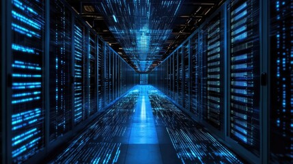 Fototapeta premium A server room with rows of servers and blue glowing lights.