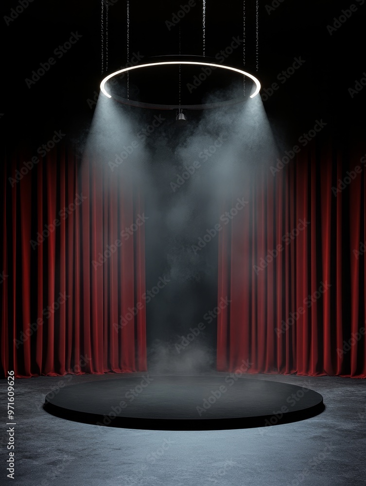 Poster a minimalist theater stage with red curtains framing a circular platform illuminated by a spotlight.