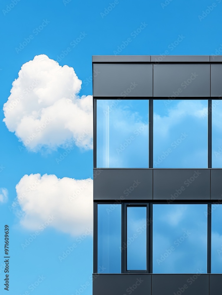 Poster a modern architectural design featuring a graphite facade with expansive windows reflecting clouds, 