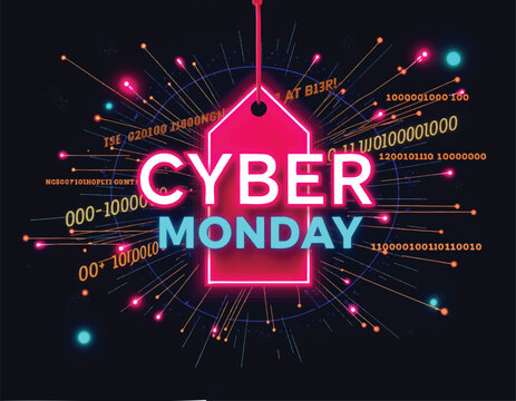 a poster that says cyber monday on it with glowing hang tags and binary codes with circuiy lines