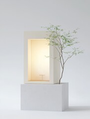 A modern, minimalist design for miniature housing, showcasing a simple white frame with a small tree inside, symbolizing nature, simplicity, tranquility, and connection to the outdoors.