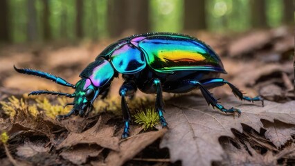 Fototapeta premium A vibrant, iridescent beetle on a forest floor among leaves and moss.
