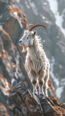 Mountain Goat Standing Proudly on Rocky Peak With Majestic Backdrop in Late Afternoon Light