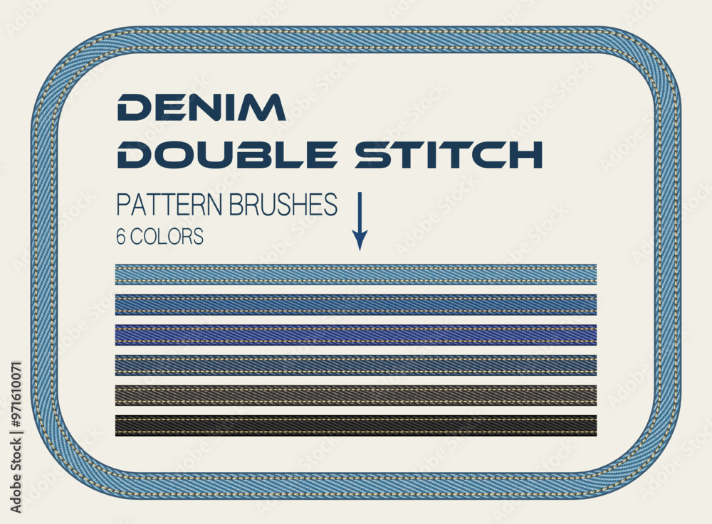 Aufkleber set of pattern brushes with denim fabric, double topstitching. rectangular denim frame. design eleme