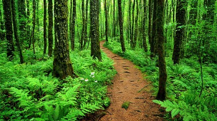   A dirt trail, surrounded by dense woods featuring numerous trees and ferns on either side