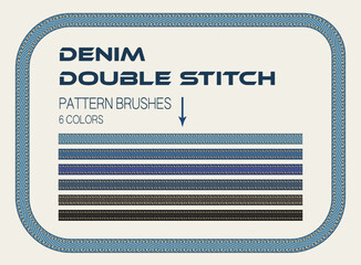 Set of pattern brushes with denim fabric, double topstitching. Rectangular denim frame. Design element in vintage style.