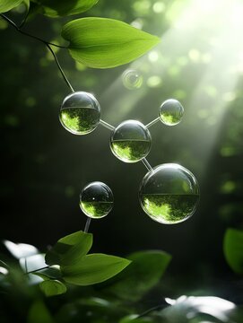 A molecule,  in 3D, floats amidst lush green foliage, symbolizing the harmonious relationship between nature and sustainable chemistry. The image represents the development of green chemistry processe