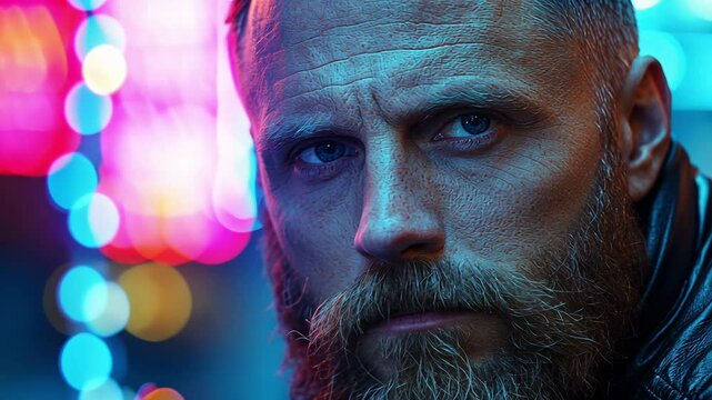 A man with a striking beard gazes intensely at the camera while colorful neon lights create a vibrant atmosphere in the bustling city at night.