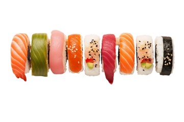 Sushi top view on transparent background. Sushi themes. Top view. Asian cuisine themes. Asian restaurant. Sushi making. PNG cut out. Image for graphic designer. Image for flyers.