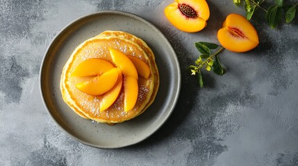 Minimalist flat lay of American pancakes with sliced peaches, placed on a matte grey surface with minimal distractions