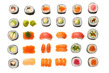 Sushi top view on transparent background. Sushi themes. Top view. Asian cuisine themes. Asian restaurant. Sushi making. PNG cut out. Image for graphic designer. Image for flyers.