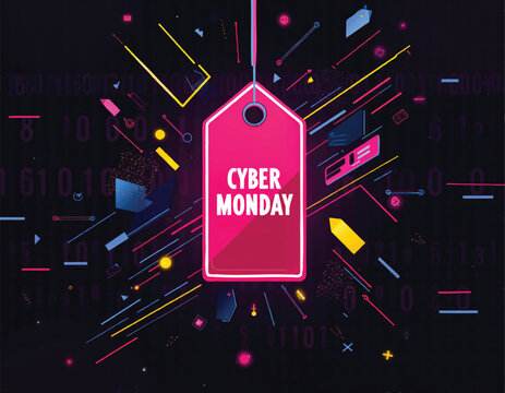 a poster that says cyber monday on a glowing hang tag with circuit lines and binary codes behind