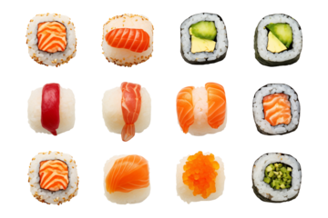 Sushi top view on transparent background. Sushi themes. Top view. Asian cuisine themes. Asian restaurant. Sushi making. PNG cut out. Image for graphic designer. Image for flyers.