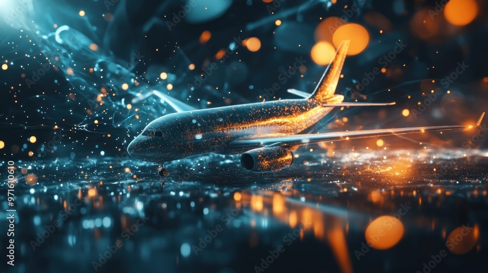 Poster a digital rendering of an airplane amidst dynamic lights and abstract effects.