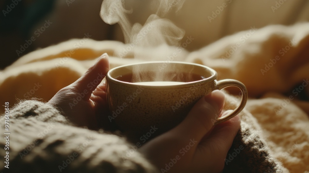 Wall mural A warm cup of steaming beverage held in cozy hands, surrounded by soft blankets.