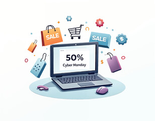 a computer screen that says 50 percent cyber monday on it surrounded by shopping icons
