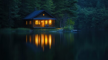 Obraz premium A serene lakeside cabin illuminated at dusk, reflecting warm light on calm waters.