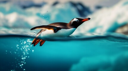 Fototapeta premium A playful penguin gracefully dives into crystal clear icy waters, showcasing its sleek body and captivating movement. The image captures the penguin's natural habitat and symbolizes freedom, explorati