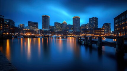 Obraz premium A serene twilight cityscape reflecting on water, showcasing urban architecture and lights.