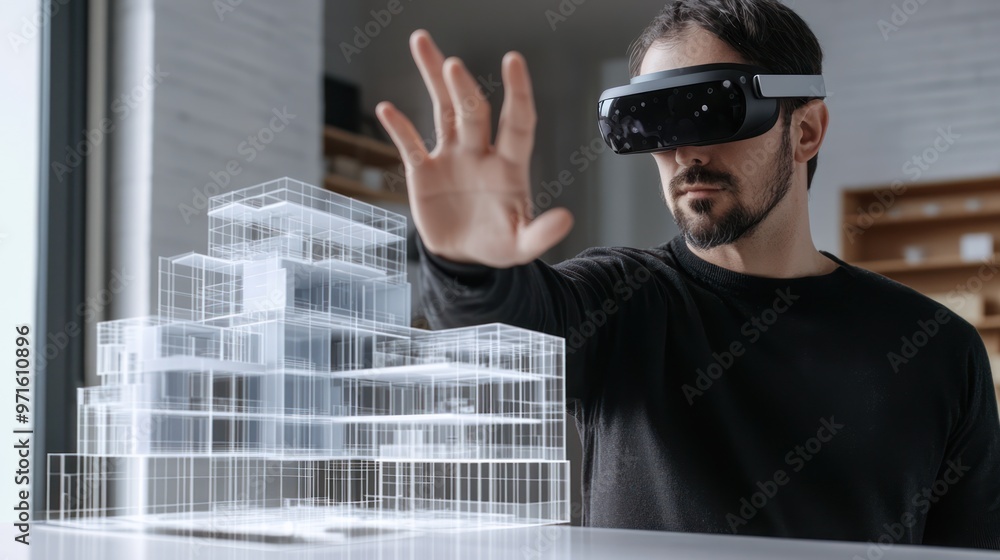 Poster man using virtual reality to design a house