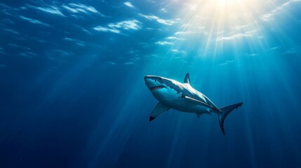 Fototapeta premium A powerful Great White Shark swims gracefully through the crystal-clear blue ocean water, illuminated by a bright sun shining through the surface, a captivating display of predator and prey, and the b