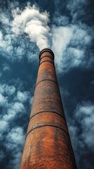 Industrial brick chimney releasing pollution into cloudy sky