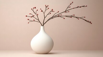   A pink table top, white vases filled with red berries arranged neatly
