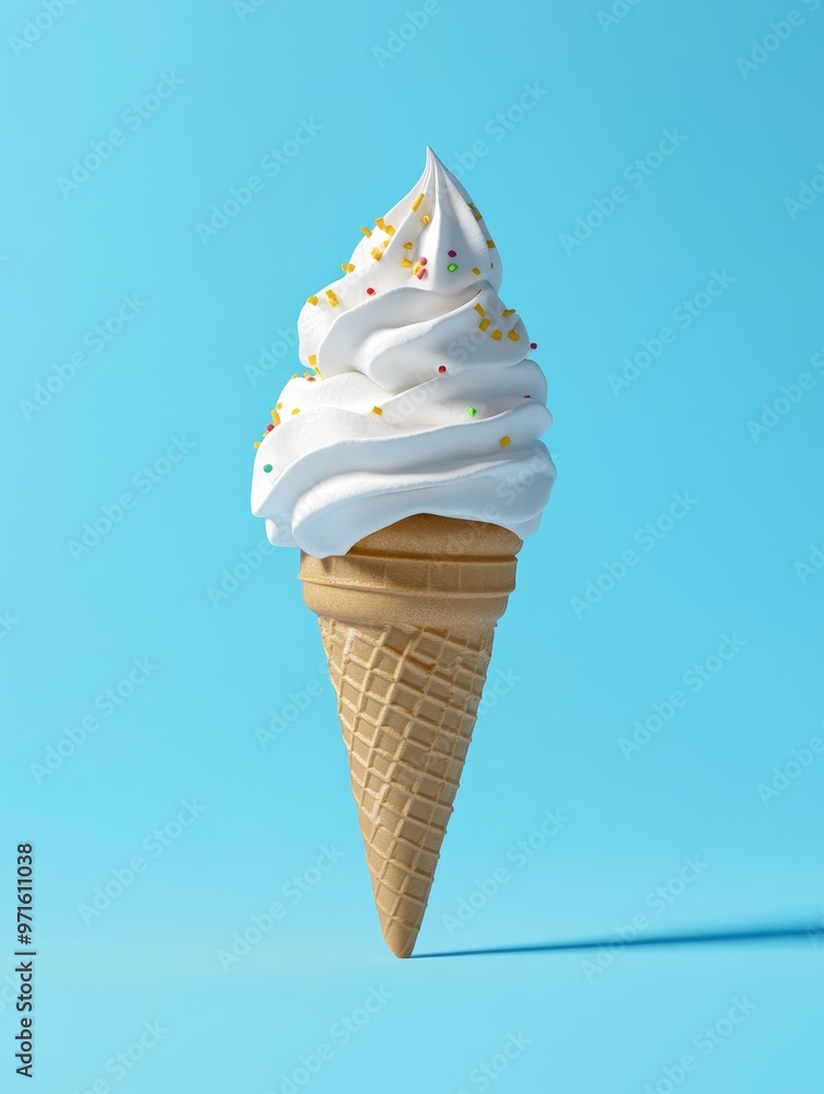 Poster a refreshing and tempting ice cream cone with white soft serve and colorful sprinkles sits on a brig