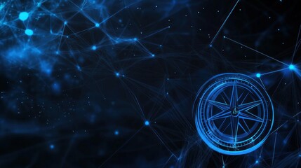 A digital compass surrounded by a network of blue connections and nodes.