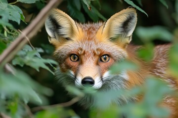 Fototapeta premium A red fox with inquisitive eyes looks directly at the camera while partially hidden behind lush green foliage, creating a sense of mystery and intrigue. This image captures the fox's natural curiosity