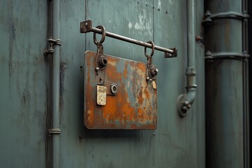 A rectangular metal sign, rusted and weathered, hangs on a wall with a rusty pipe. The sign is attached to a metal rod with hinges and bolts. The sign has a faded blue-gray color with orange rust patc