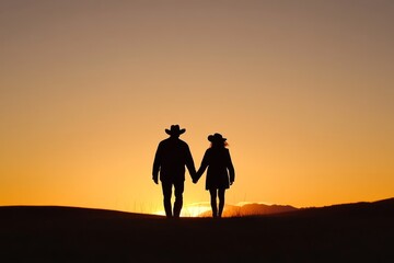 Fototapeta premium A romantic scene capturing the silhouettes of a couple holding hands against a stunning sunset backdrop, symbolizing love, connection, nature, harmony, and adventure.