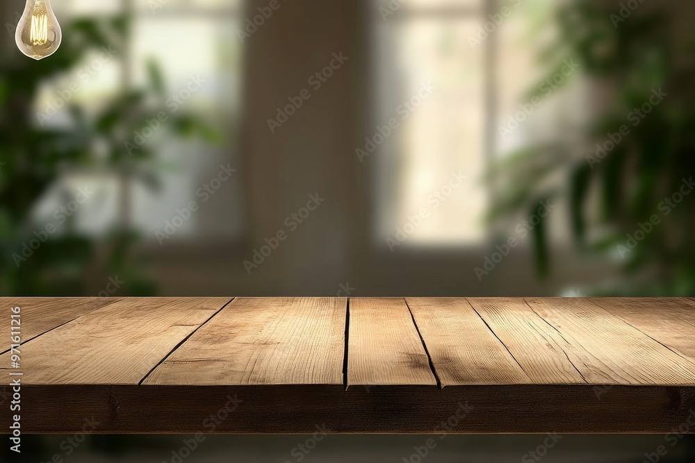 Poster a rustic wooden table with a blurred background of a bright, airy room with a window and greenery. p