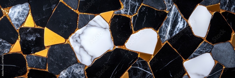 Poster a seamless pattern of black, white, and gold terrazzo tiles, perfect for adding a touch of luxury an