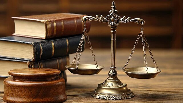 The setup highlights the scales of justice alongside law books and a gavel, symbolizing the essential elements of the legal system and courtroom proceedings.