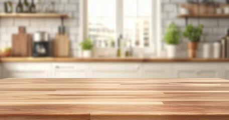 Empty Wooden Tabletop Counter in Bright Kitchen Interior with Free Space and Smooth Table Texture for Meetings
