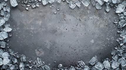 Frame of crushed ice on grey background, top view. Space for text