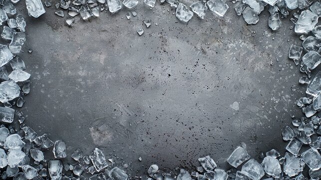 Frame of crushed ice on grey background, top view. Space for text