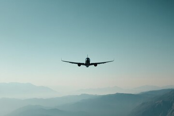 Fototapeta na wymiar A silhouette of an airplane flying over a mountain range, with the blue sky and a slight haze in the distance. The image symbolizes travel, adventure, freedom, and the beauty of nature.