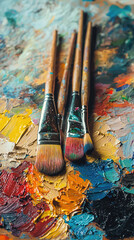 Obraz premium Bright colors on painters palette with brushes creating vibrant art