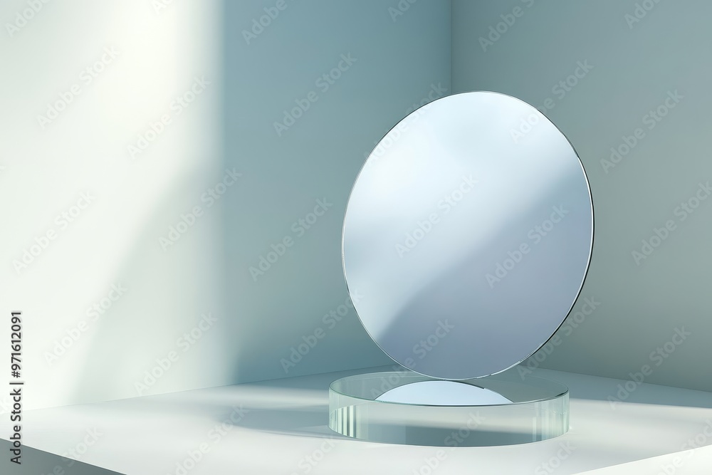 Poster a simple yet elegant glass podium with a mirror-like finish, perfect for showcasing products. the ci