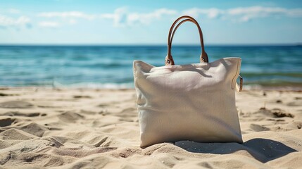 Mockup shopper handbag beach sand background