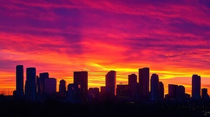 A vibrant city skyline silhouetted against a stunning sunset with colorful clouds.