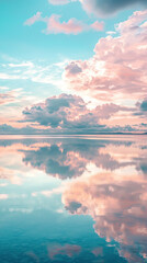 Fototapeta premium Peaceful bay with soft pastel clouds reflecting on calm water, creating serene atmosphere