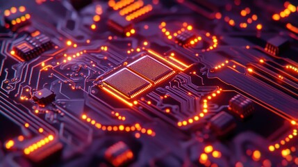 Obraz premium Close-up of a circuit board with glowing components and intricate pathways.