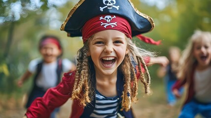 Naklejka premium Children in pirate costume playing and running outdoors. Funny girl pretends to be captain of ship. Happy childhood with adventure games. Talk like a pirate day