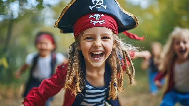Children in pirate costume playing and running outdoors. Funny girl pretends to be captain of ship. Happy childhood with adventure games. Talk like a pirate day