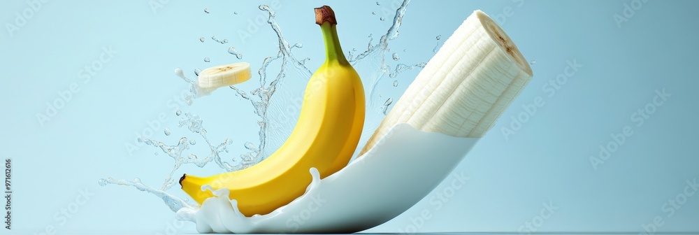Aufkleber a single ripe banana splashes into a pool of milk, creating a dynamic and colorful scene. the banana
